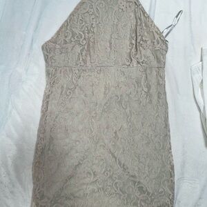 PrettyLittleThing Strapless Lace Dress in Taupe